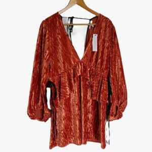 🧡 Nordstrom Topshop Crushed Velvet Orange Mini Dress Tunic Bishop Sleeve